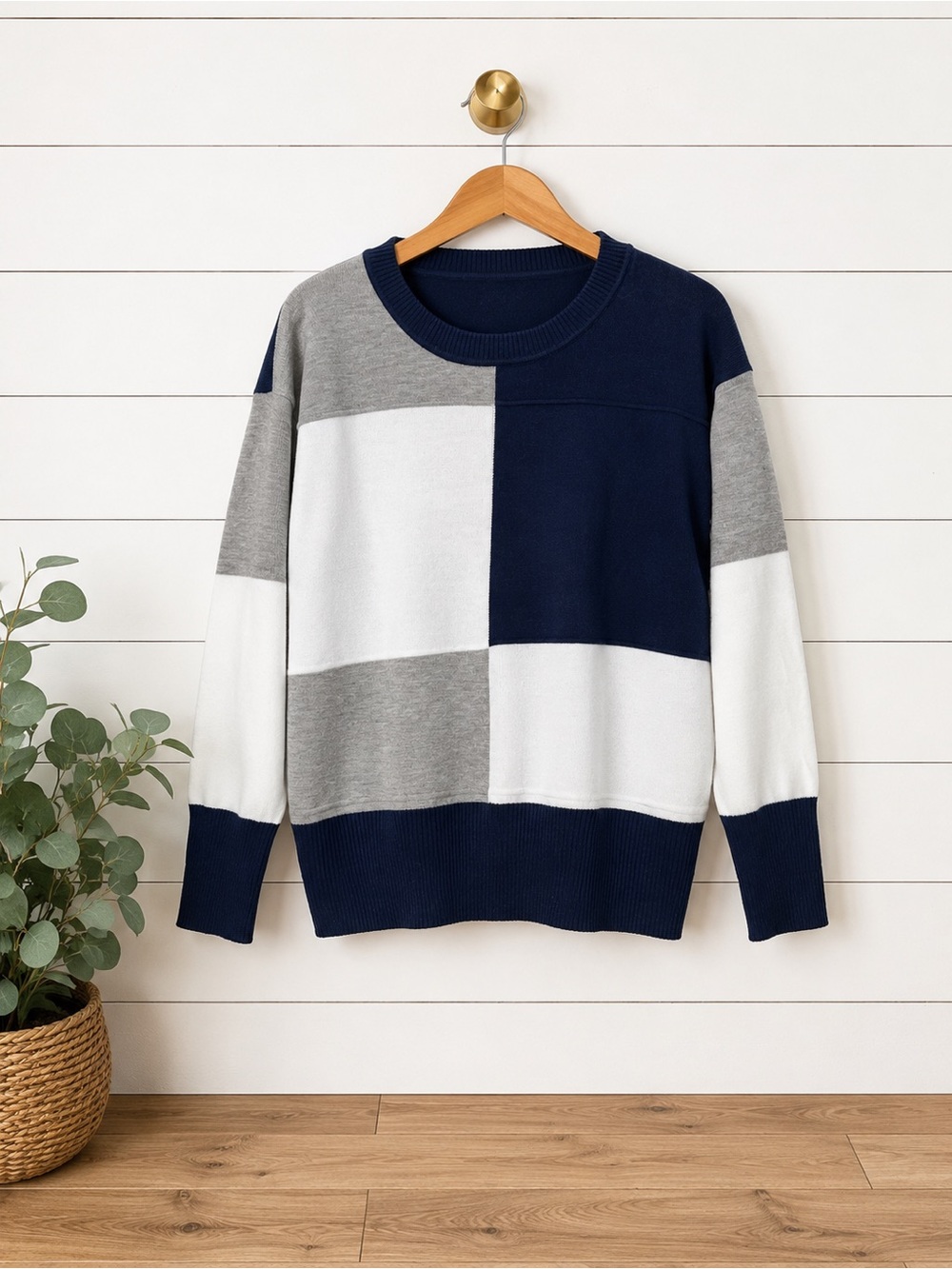 💙 Color Block Knit Sweater | Navy Gray & White | Women’s Large 💙